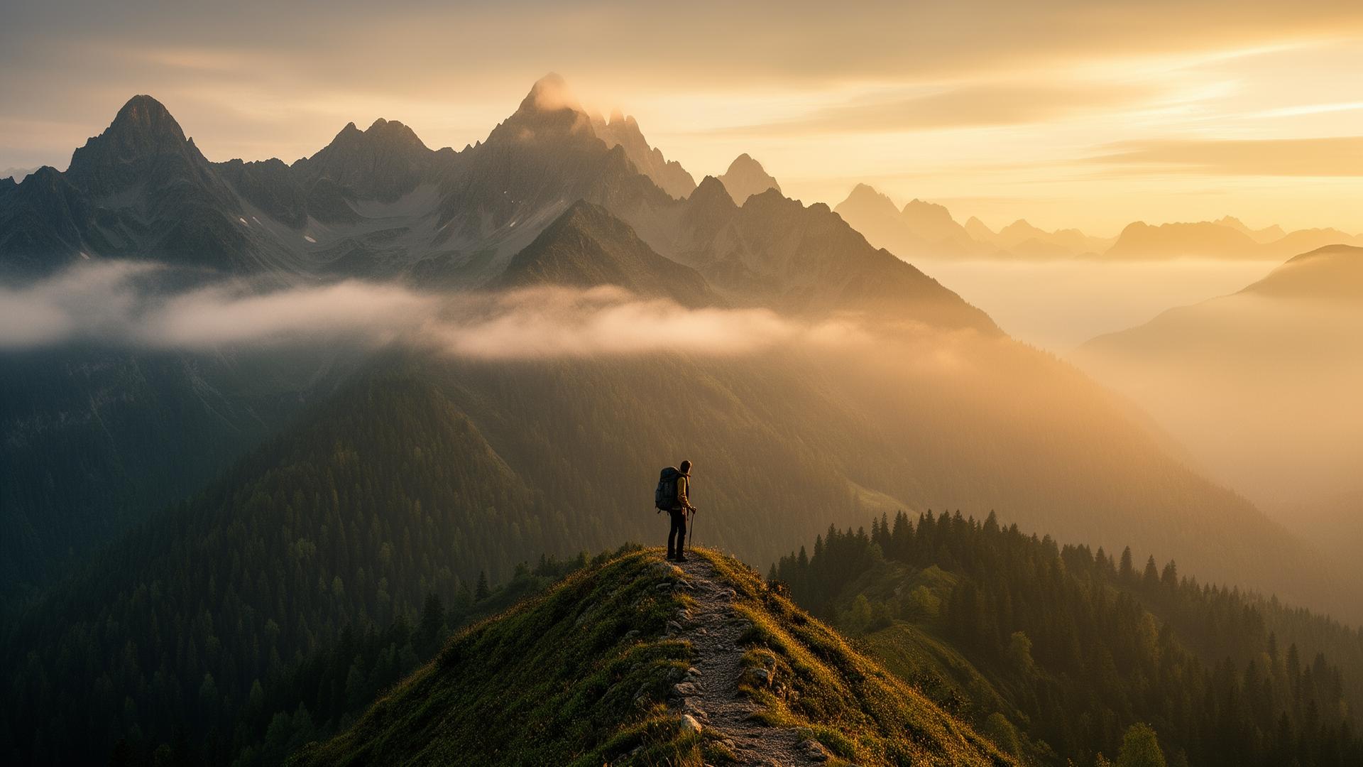 Hiker on misty mountain ridge at sunrise
