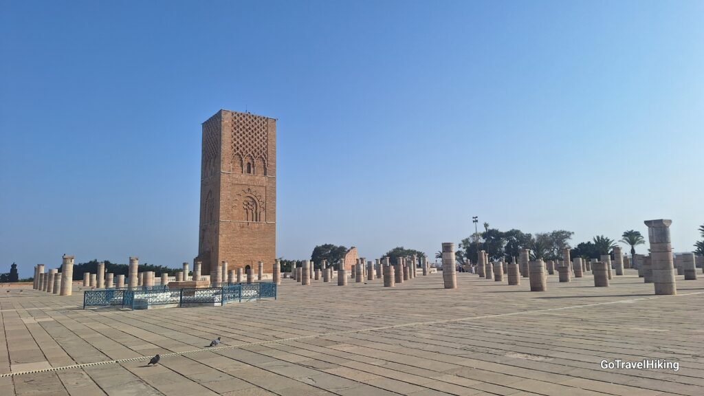 Historic Hassan Tower with ornate Islamic architecture in Rabat, Morocco