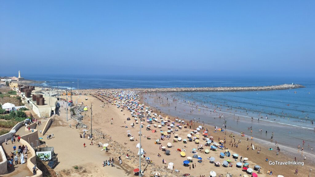 View of Rabat’s Atlantic coastline with sandy beach and promenade