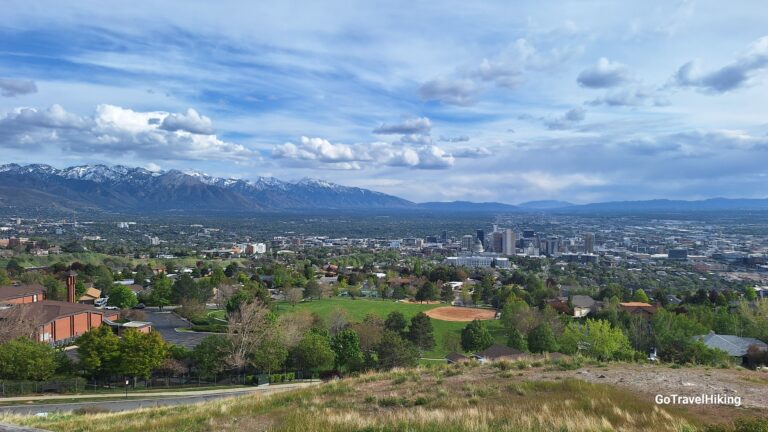 City skyline with snow-capped mountains in the distance and a green park in the foreground under a blue sky with clouds.